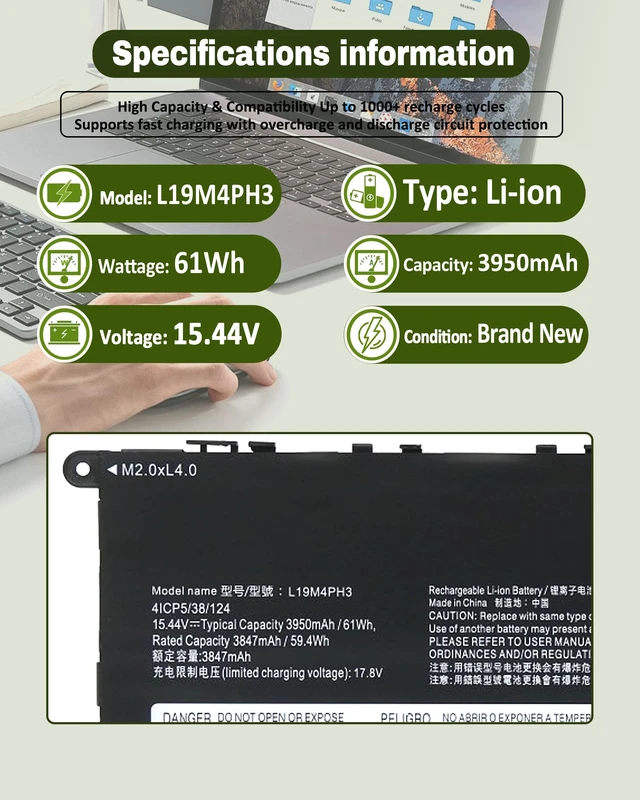 Alt view image 4 of 7 - 61Wh L19M4PH3 L19C4PH3 L19D4PH3 Battery for Ideapad Yoga Slim 7 Pro-14ARH5 Pro-14ITL5 Pro-14IHU5 Pro-14ACH5 Pro-14IAP7 Series Parts Number SB10Z49515 SB10Z49516 SB10Z49517-15.44V 4-Cell