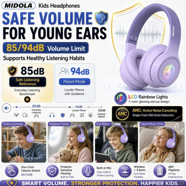 Alt view image 3 of 7 - Kids Bluetooth Headphones Wireless Over-Ear,60H/8H with LED Light,85/94dB Volume Limit,Active Noise Cancelling,Foldable Over-Ear for Toddler School/Home Girls Boys Tablet,Stereo Sound,Built-in Mic
