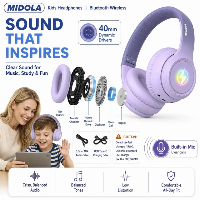 Alt view image 7 of 7 - Kids Bluetooth Headphones Wireless Over-Ear,60H/8H with LED Light,85/94dB Volume Limit,Active Noise Cancelling,Foldable Over-Ear for Toddler School/Home Girls Boys Tablet,Stereo Sound,Built-in Mic
