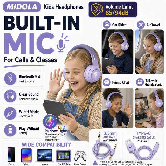 Alt view image 5 of 7 - Kids Bluetooth Headphones Wireless Over-Ear,60H/8H with LED Light,85/94dB Volume Limit,Active Noise Cancelling,Foldable Over-Ear for Toddler School/Home Girls Boys Tablet,Stereo Sound,Built-in Mic