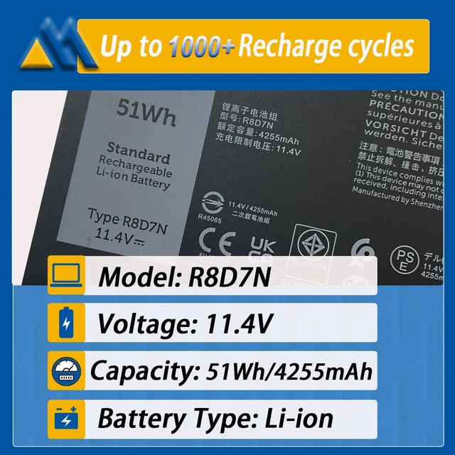 Alt view image 2 of 6 - R8D7N Laptop Battery Compatible with Dell Precision 3540 M3550 Latitude 5400 5410 5500 5510 Inspiron 7590/7591/7791 2-in-1 Series Notebook 0R8D7N 1V1XF 4GVMP H82T6 0C5GV2 0W8GMW