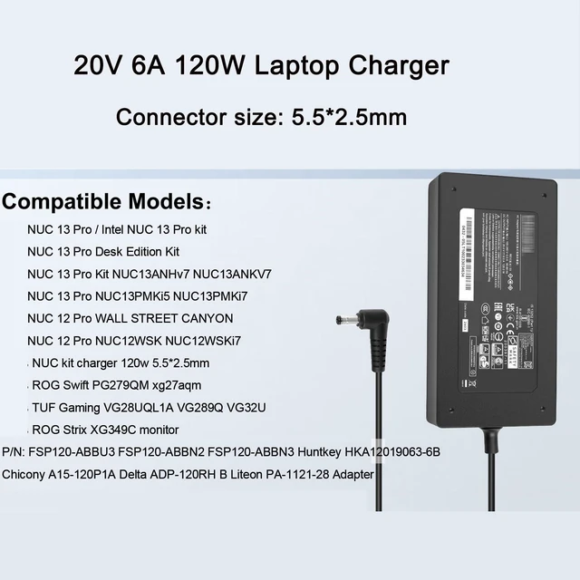 Alt view image 3 of 5 - 20V 6A 120W Charger Compatible with ASUS Intel NUC 14 13 12 Pro NUC13VYKi7 ROG Swift PG279QM ROG Strix XG349C Gaming VG289Q VG32U Monitor Power Cord