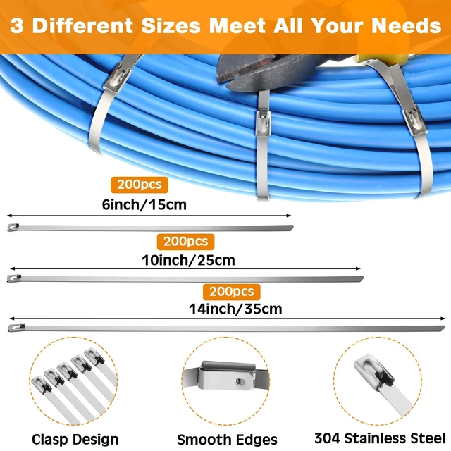 Alt view image 2 of 6 - 600 Pcs Metal Zip Ties Heavy Duty 304 Stainless Steel, Multi Sizes Multi Purpose Self Locking Cable Ties for Exhaust Machinery Fence Farm Pipe Roof Outdoor, Weatherproof Secure Fastening