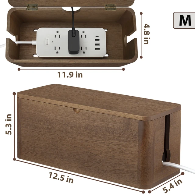 Alt view image 2 of 7 - Wood Cable Management Box, Medium Cord Organizer Box for Power Strip 12.5" L × 5.4" W × 5.3" H, Extension Cord Hider for Office, Desk Cable Storage Box for Wire Management, Floor Outlet Hider