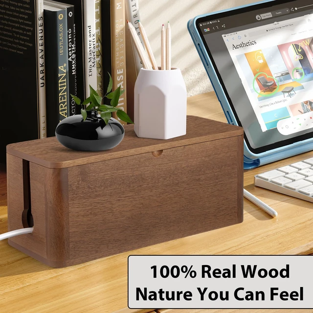 Alt view image 3 of 7 - Wood Cable Management Box, Medium Cord Organizer Box for Power Strip 12.5" L × 5.4" W × 5.3" H, Extension Cord Hider for Office, Desk Cable Storage Box for Wire Management, Floor Outlet Hider