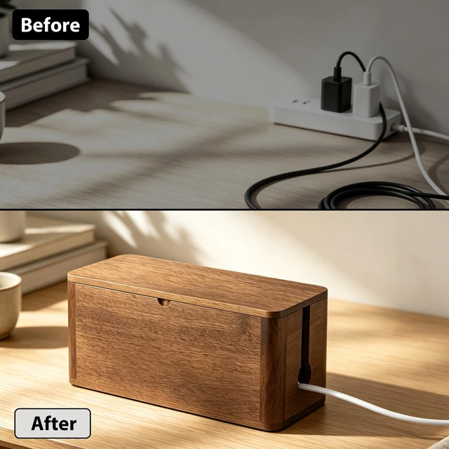 Alt view image 4 of 7 - Wood Cable Management Box, Medium Cord Organizer Box for Power Strip 12.5" L × 5.4" W × 5.3" H, Extension Cord Hider for Office, Desk Cable Storage Box for Wire Management, Floor Outlet Hider