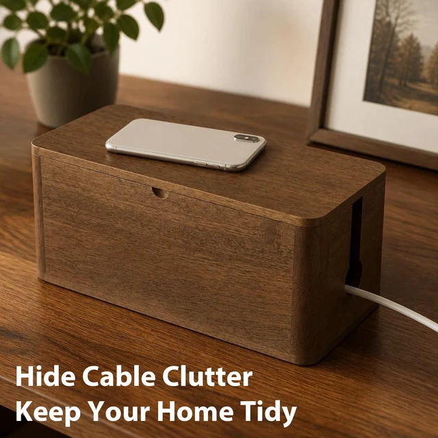 Alt view image 5 of 7 - Wood Cable Management Box, Medium Cord Organizer Box for Power Strip 12.5" L × 5.4" W × 5.3" H, Extension Cord Hider for Office, Desk Cable Storage Box for Wire Management, Floor Outlet Hider