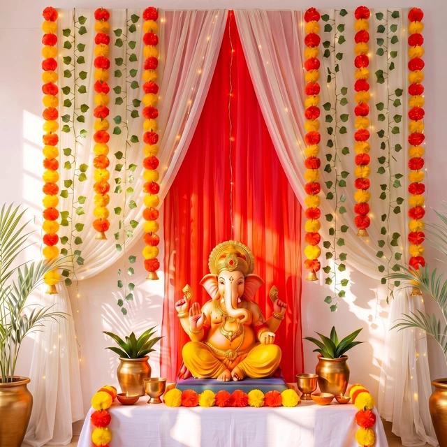 Main image of Indian Pooja Backdrop Navratri Decor, Red and White, Indian Diwali Tulle Backdrop with Artificial Marigold Garlands Green Leaf Vines, Haldi Wedding Annaprashan Housewarming Decor