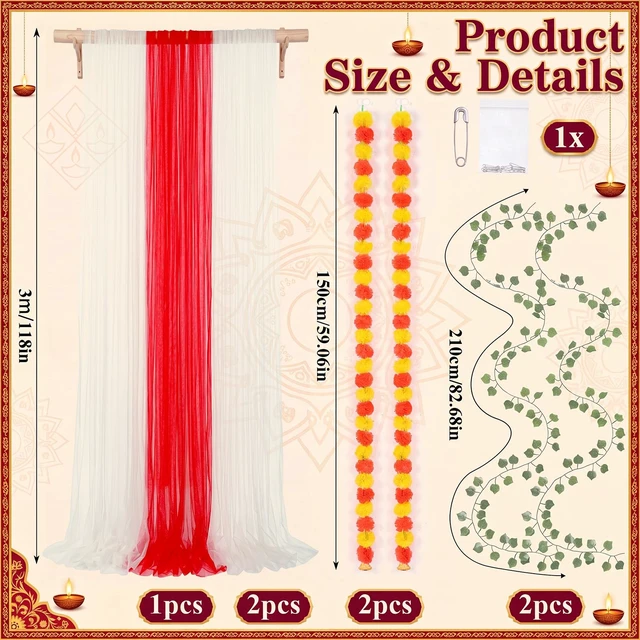 Alt view image 2 of 6 - Indian Pooja Backdrop Navratri Decor, Red and White, Indian Diwali Tulle Backdrop with Artificial Marigold Garlands Green Leaf Vines, Haldi Wedding Annaprashan Housewarming Decor