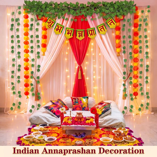 Alt view image 3 of 6 - Indian Pooja Backdrop Navratri Decor, Red and White, Indian Diwali Tulle Backdrop with Artificial Marigold Garlands Green Leaf Vines, Haldi Wedding Annaprashan Housewarming Decor