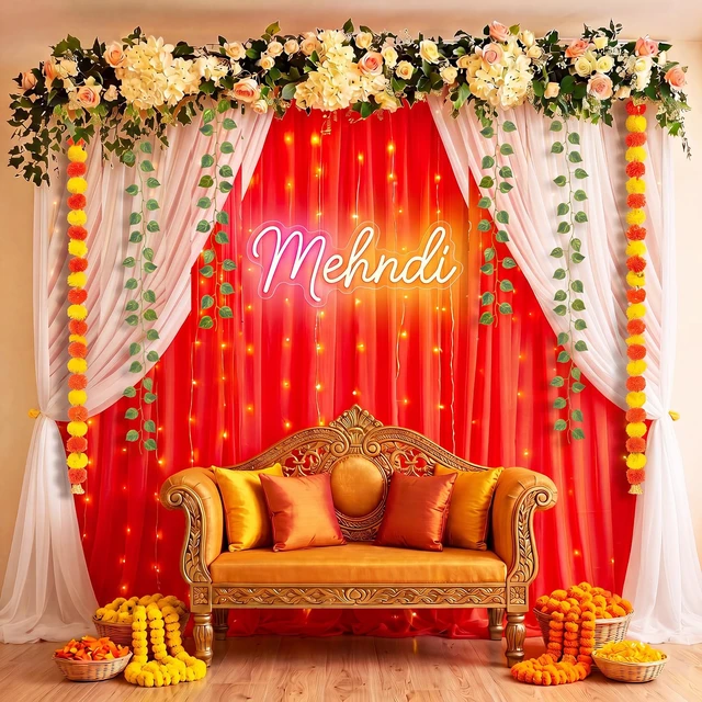 Alt view image 4 of 6 - Indian Pooja Backdrop Navratri Decor, Red and White, Indian Diwali Tulle Backdrop with Artificial Marigold Garlands Green Leaf Vines, Haldi Wedding Annaprashan Housewarming Decor