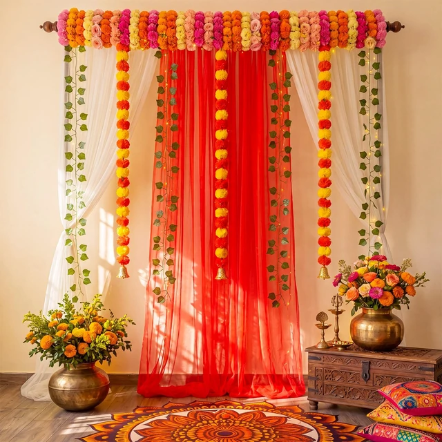Alt view image 5 of 6 - Indian Pooja Backdrop Navratri Decor, Red and White, Indian Diwali Tulle Backdrop with Artificial Marigold Garlands Green Leaf Vines, Haldi Wedding Annaprashan Housewarming Decor