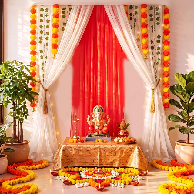 Alt view image 6 of 6 - Indian Pooja Backdrop Navratri Decor, Red and White, Indian Diwali Tulle Backdrop with Artificial Marigold Garlands Green Leaf Vines, Haldi Wedding Annaprashan Housewarming Decor