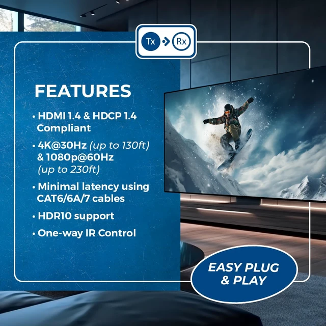 Alt view image 7 of 7 - HDMI Over LAN 230ft Extender - 4K@30Hz, One-Way IR, HDCP 1.4, HDR HDMI over Ethernet, HDMI Extender 4K EDID management, Deep Color, LPCM 7.1, Dolby TrueHD, DTS-HD