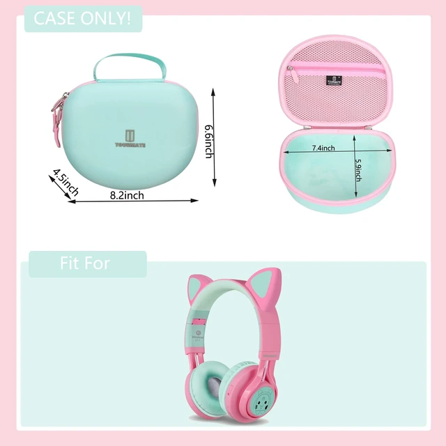 Alt view image 4 of 7 - Hard Travel Case for Riwbox CT-7 CT-7S / iClever HS01 / FosPower Cat Ear LED Light Kids Wireless Headphones, Protective Carrying Storage Bag (Pink&Green Box for Sale)