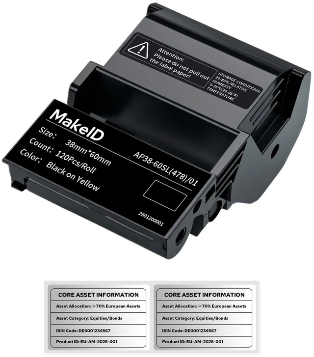 Main image of EP53 Labels, Black on Metallic Silver Label Tape with Integrated Ribbon Cartridge for Indoor/Outdoor ID and Equipment Labeling,1.50" W x 2.36" H, 120 Labels/Roll