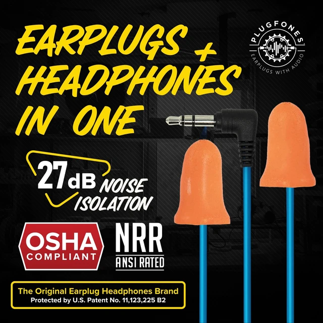 Alt view image 2 of 7 - Basic Wired Earplug Headphones, OSHA Compliant Foam Work Earbuds 27dB NRR, Orange Headphones That Look Like Ear Plugs, Hearing Protection for Construction, Safety Earphones, Racing Ear Buds