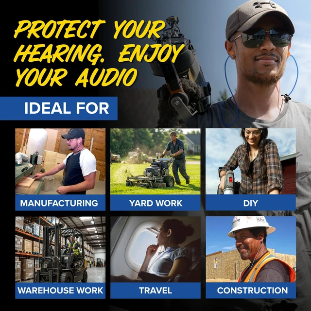 Alt view image 3 of 7 - Basic Wired Earplug Headphones, OSHA Compliant Foam Work Earbuds 27dB NRR, Orange Headphones That Look Like Ear Plugs, Hearing Protection for Construction, Safety Earphones, Racing Ear Buds