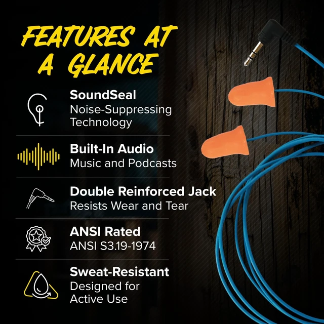 Alt view image 4 of 7 - Basic Wired Earplug Headphones, OSHA Compliant Foam Work Earbuds 27dB NRR, Orange Headphones That Look Like Ear Plugs, Hearing Protection for Construction, Safety Earphones, Racing Ear Buds