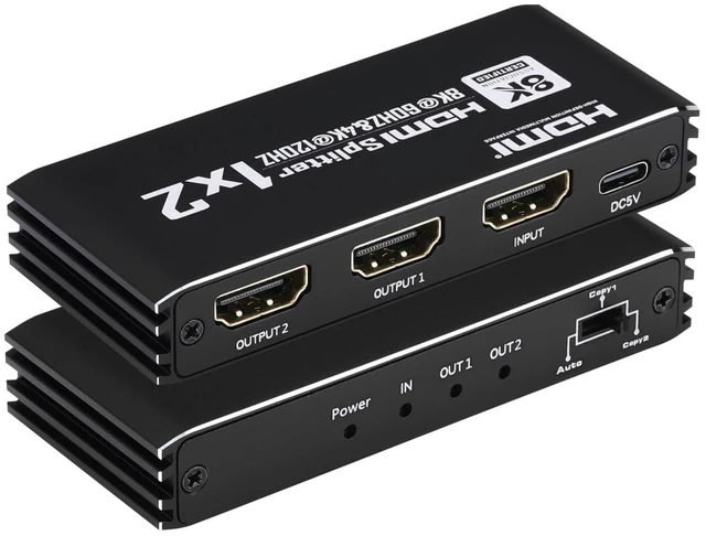 Main image of 8K@60Hz HDMI Splitter 1 in 2 Out, 1x2 HDMI 2.1 Splitter Support 4K@120Hz, 1080P@240Hz VRR HDCP2.3 HDR HDR10 48Gbps EDID Dolby Atmos 7.1ch, Only Duplicate/Mirror Screens Not Extend