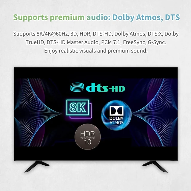 Alt view image 7 of 7 - 8K@60Hz HDMI Splitter 1 in 2 Out, 1x2 HDMI 2.1 Splitter Support 4K@120Hz, 1080P@240Hz VRR HDCP2.3 HDR HDR10 48Gbps EDID Dolby Atmos 7.1ch, Only Duplicate/Mirror Screens Not Extend