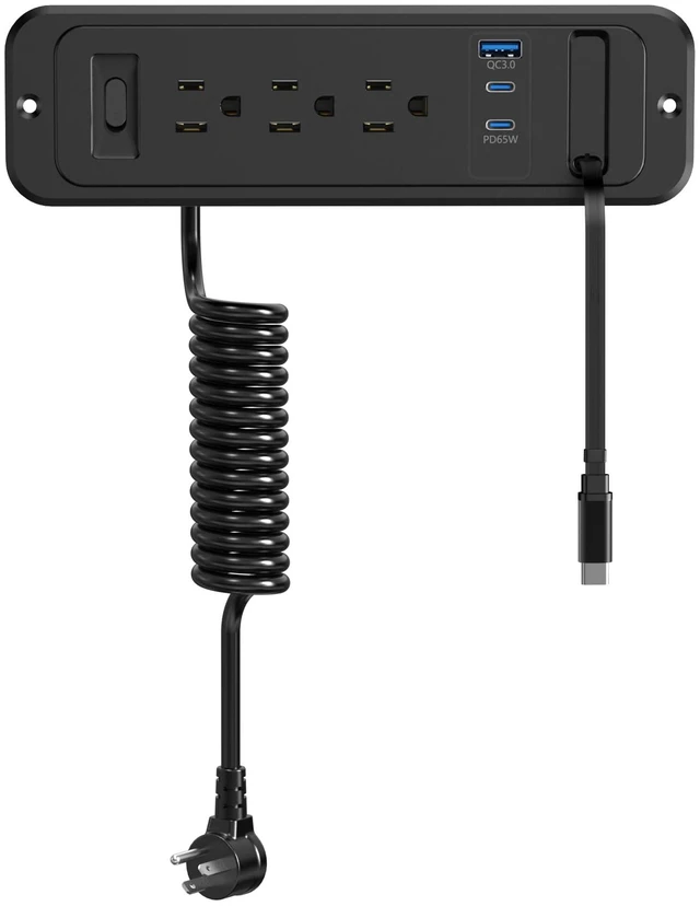 Main image of 65W USB Recessed Power Strip with 60cm Retractable USB C Cable,Flush Mount Furniture Drawer Outlet kit insert in 4 USB & (3) 15 Amp AC Outlets, Hidden Charging Station for Desktop