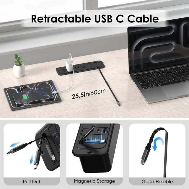 Alt view image 2 of 7 - 65W USB Recessed Power Strip with 60cm Retractable USB C Cable,Flush Mount Furniture Drawer Outlet kit insert in 4 USB & (3) 15 Amp AC Outlets, Hidden Charging Station for Desktop