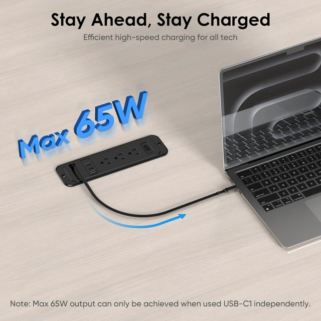 Alt view image 3 of 7 - 65W USB Recessed Power Strip with 60cm Retractable USB C Cable,Flush Mount Furniture Drawer Outlet kit insert in 4 USB & (3) 15 Amp AC Outlets, Hidden Charging Station for Desktop