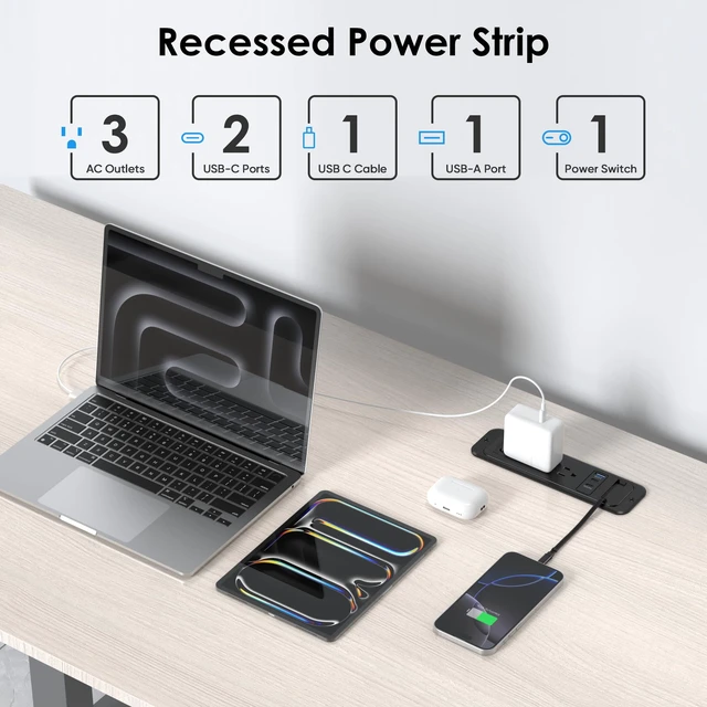 Alt view image 5 of 7 - 65W USB Recessed Power Strip with 60cm Retractable USB C Cable,Flush Mount Furniture Drawer Outlet kit insert in 4 USB & (3) 15 Amp AC Outlets, Hidden Charging Station for Desktop
