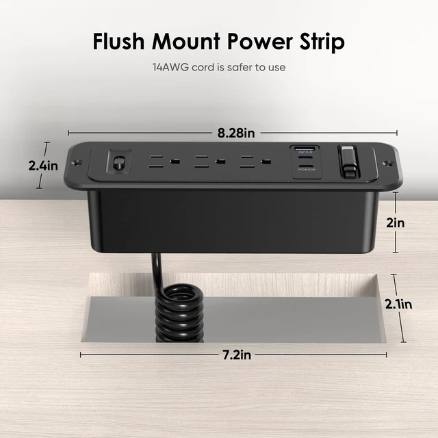 Alt view image 6 of 7 - 65W USB Recessed Power Strip with 60cm Retractable USB C Cable,Flush Mount Furniture Drawer Outlet kit insert in 4 USB & (3) 15 Amp AC Outlets, Hidden Charging Station for Desktop