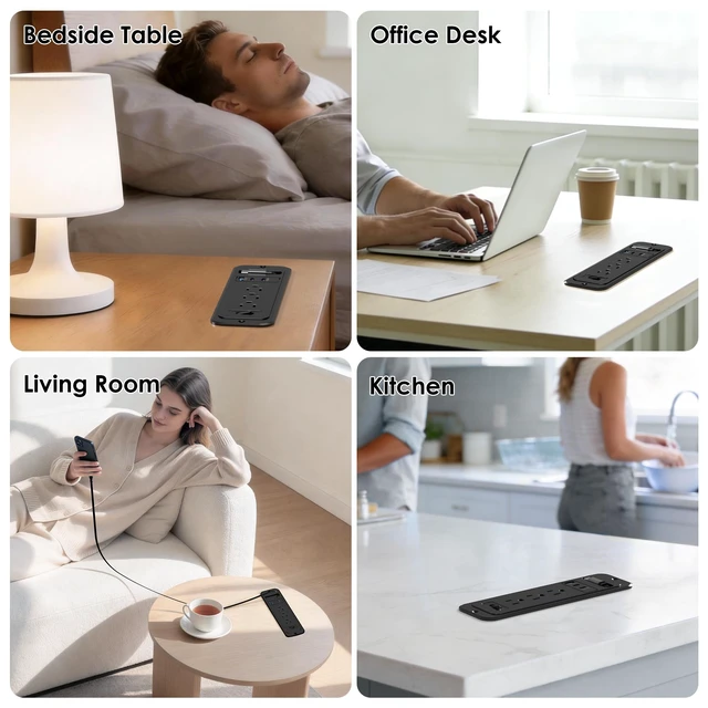 Alt view image 7 of 7 - 65W USB Recessed Power Strip with 60cm Retractable USB C Cable,Flush Mount Furniture Drawer Outlet kit insert in 4 USB & (3) 15 Amp AC Outlets, Hidden Charging Station for Desktop