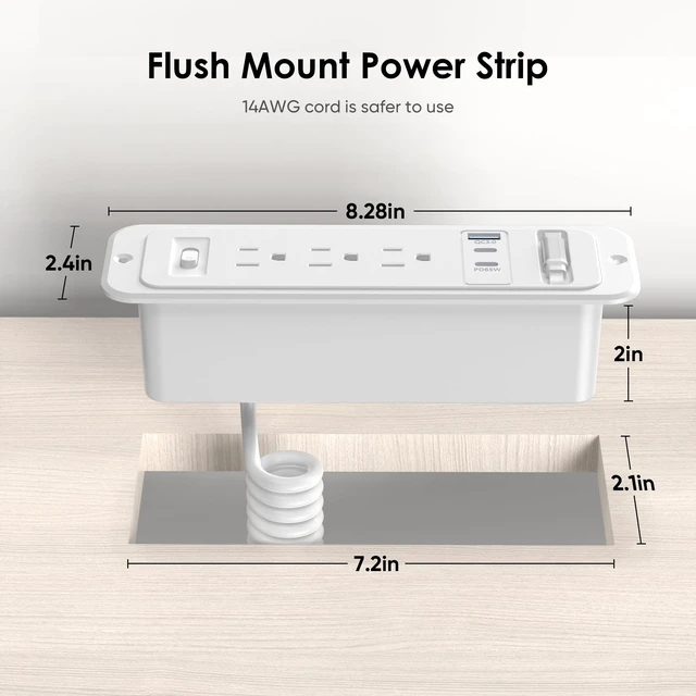 Alt view image 6 of 7 - 65W USB Recessed Power Strip with 60cm Retractable USB C Cable,Flush Mount Furniture Drawer Outlet kit insert in 4 USB & (3) 15 Amp AC Outlets, Hidden Charging Station for Desktop