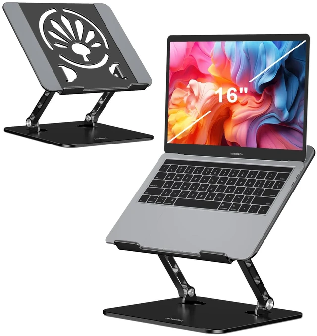 Main image of Adjustable Aluminum Laptop Stand for Desk,Ergonomic Riser, Black Open Ventilated Design, Fits MacBook Pro/Air & 10"-16" Laptops, Stable Support for Office, Home & Travel
