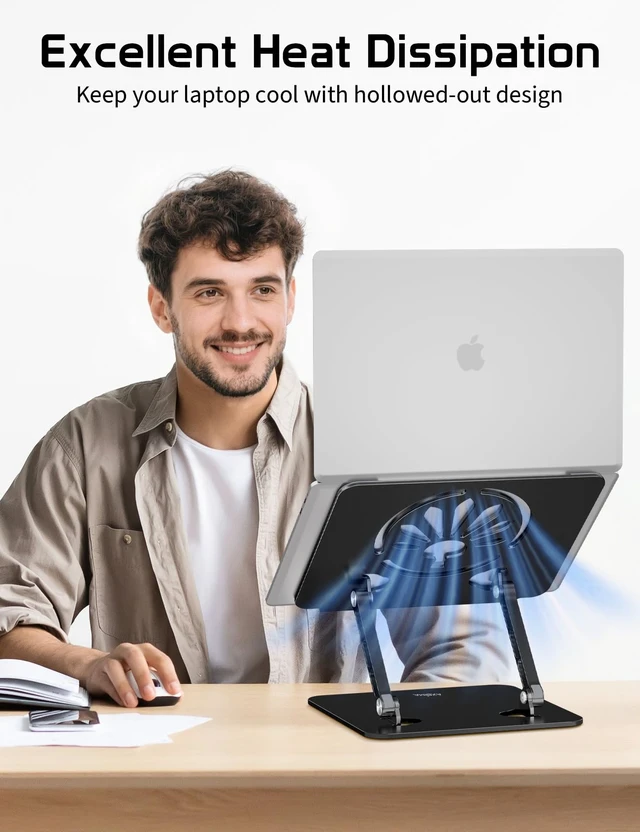 Alt view image 2 of 7 - Adjustable Aluminum Laptop Stand for Desk,Ergonomic Riser, Black Open Ventilated Design, Fits MacBook Pro/Air & 10"-16" Laptops, Stable Support for Office, Home & Travel