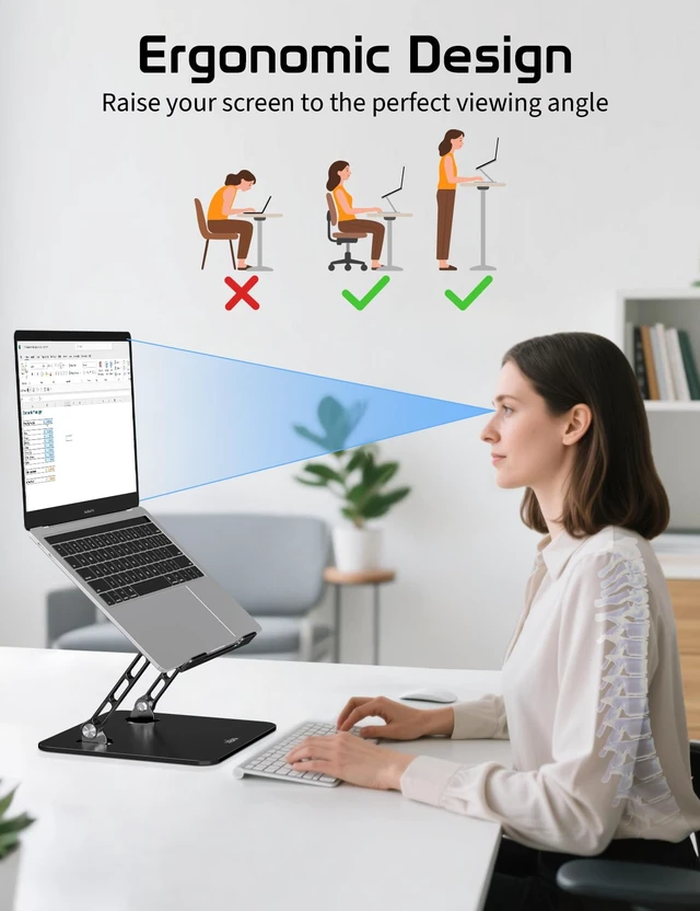 Alt view image 3 of 7 - Adjustable Aluminum Laptop Stand for Desk,Ergonomic Riser, Black Open Ventilated Design, Fits MacBook Pro/Air & 10"-16" Laptops, Stable Support for Office, Home & Travel