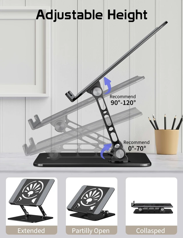 Alt view image 5 of 7 - Adjustable Aluminum Laptop Stand for Desk,Ergonomic Riser, Black Open Ventilated Design, Fits MacBook Pro/Air & 10"-16" Laptops, Stable Support for Office, Home & Travel
