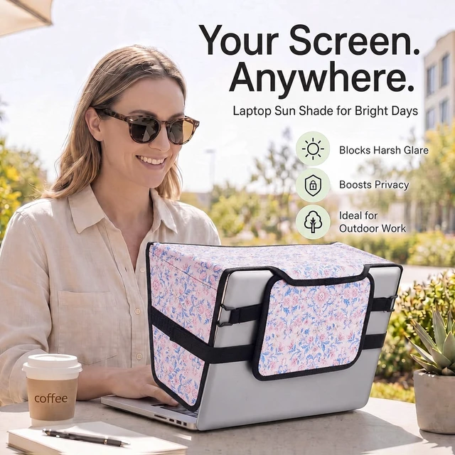 Alt view image 3 of 7 - Laptop Shade 15-16 Inch, Outdoor Pink Floral Pattern Foldable Sun Visor Blocks Glare, Protect Screen for Outdoor Work, Lightweight Anti-glare Hood, Portable Laptop Block