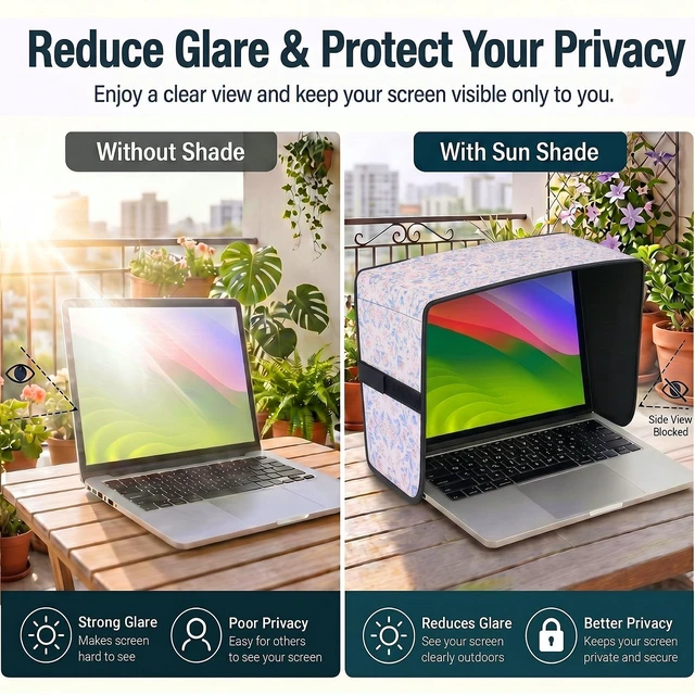 Alt view image 5 of 7 - Laptop Shade 15-16 Inch, Outdoor Pink Floral Pattern Foldable Sun Visor Blocks Glare, Protect Screen for Outdoor Work, Lightweight Anti-glare Hood, Portable Laptop Block