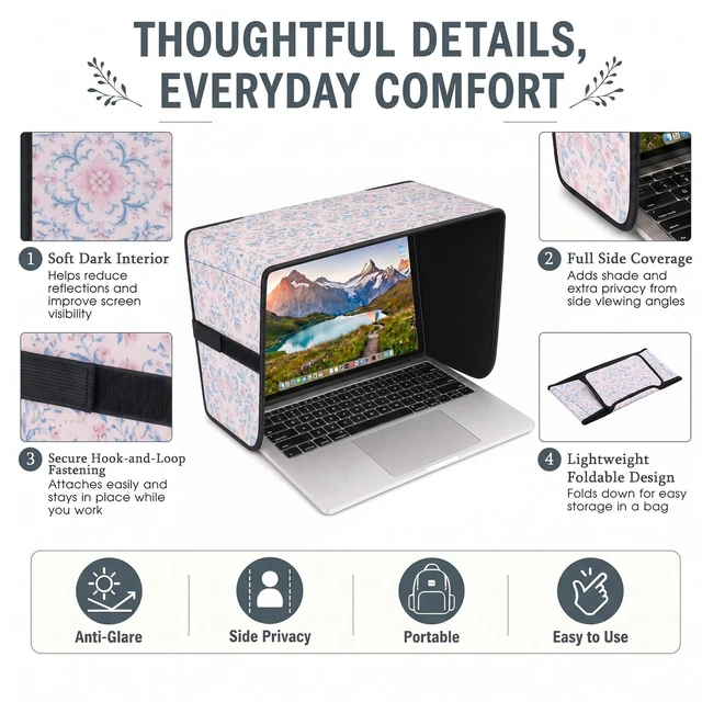 Alt view image 7 of 7 - Laptop Shade 15-16 Inch, Outdoor Pink Floral Pattern Foldable Sun Visor Blocks Glare, Protect Screen for Outdoor Work, Lightweight Anti-glare Hood, Portable Laptop Block