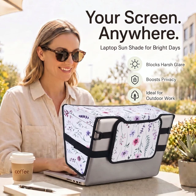 Alt view image 3 of 7 - Laptop Shade 15-16 Inch White Dried Flowers Foldable Sun Visor Blocks Glare, Protect Screen for Outdoor Work, Lightweight Anti-glare Hood, Portable Laptop Block