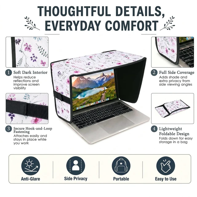 Alt view image 7 of 7 - Laptop Shade 15-16 Inch White Dried Flowers Foldable Sun Visor Blocks Glare, Protect Screen for Outdoor Work, Lightweight Anti-glare Hood, Portable Laptop Block