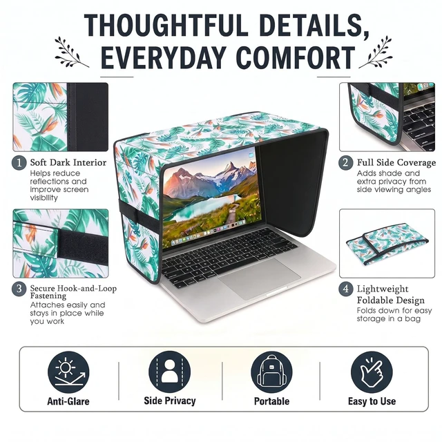 Alt view image 5 of 7 - Laptop Shade 15-16 Inch Monstera Leaf Foldable Sun Visor Blocks Glare, Protect Screen for Outdoor Work, Lightweight Anti-glare Hood, Portable Laptop Block