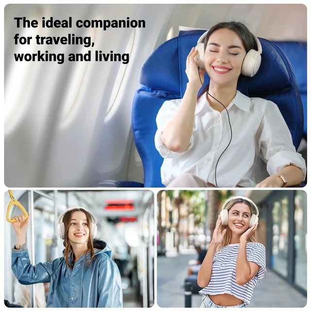 Alt view image 6 of 6 - V80 Hybrid Active Noise Cancelling Headphones, True Wireless Over Ear Bluetooth Headset with 45H Playtime Hi-Res Audio Fast Charging Multipoint Connection for Travel Home Office - Ivory