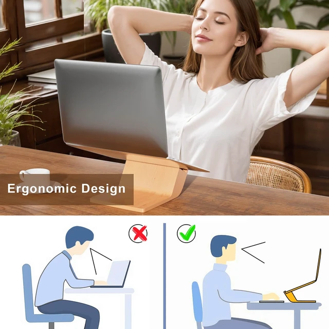 Alt view image 2 of 7 - Wooden Laptop Stand, Ergonomic Computer Stand for Desk, Portable Laptop Riser, Notebook Stand Holder Compatible with MacBook Pro/Air, Dell, HP, Lenovo and All Laptops (10-17 inch), Wood