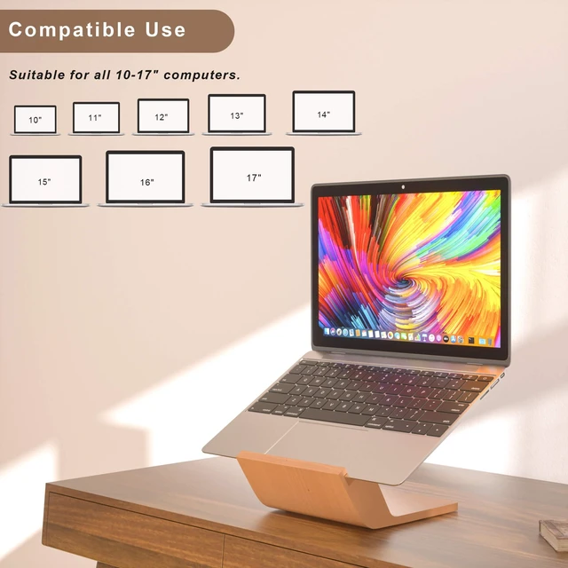 Alt view image 4 of 7 - Wooden Laptop Stand, Ergonomic Computer Stand for Desk, Portable Laptop Riser, Notebook Stand Holder Compatible with MacBook Pro/Air, Dell, HP, Lenovo and All Laptops (10-17 inch), Wood