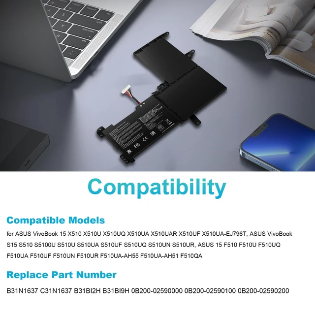 Alt view image 2 of 7 - B31N1637 Battery Replacement for ASUS VivoBook X510 X510U X510UQ X510UA X510UAR X510UF S15 S510U S510UF S510UQ S510UN S510UR S510UA F510 F510U F510UA F510QA B31B12H B31BI9H C31N1637