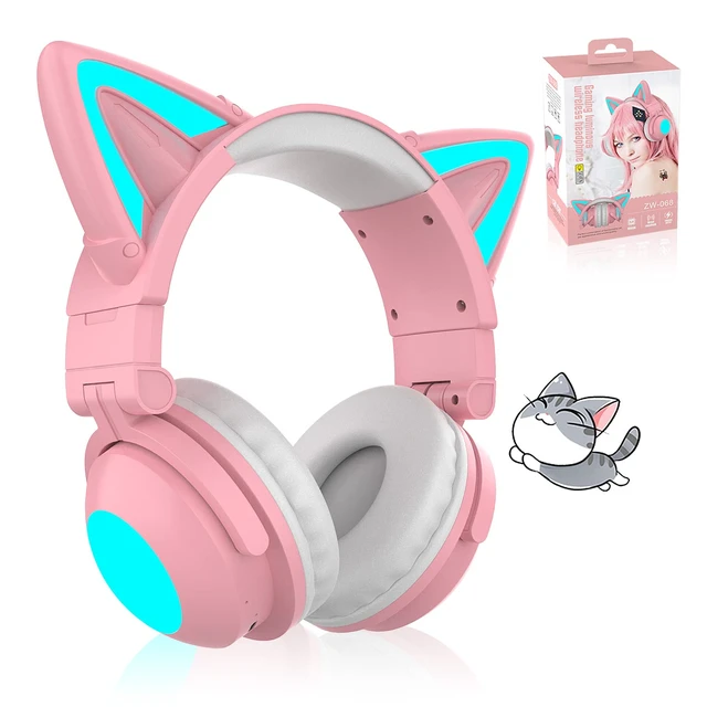 Main image of Cute Cat Ear Bluetooth Headphones w/Built-in Mic,Over Ear Wired Headphones Pink Foldable Wireless Headset with LED Lights Cat Ear for Traveling, Gift for Boys Girls Teens Adult