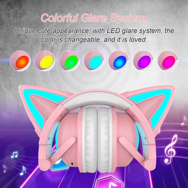Alt view image 2 of 5 - Cute Cat Ear Bluetooth Headphones w/Built-in Mic,Over Ear Wired Headphones Pink Foldable Wireless Headset with LED Lights Cat Ear for Traveling, Gift for Boys Girls Teens Adult