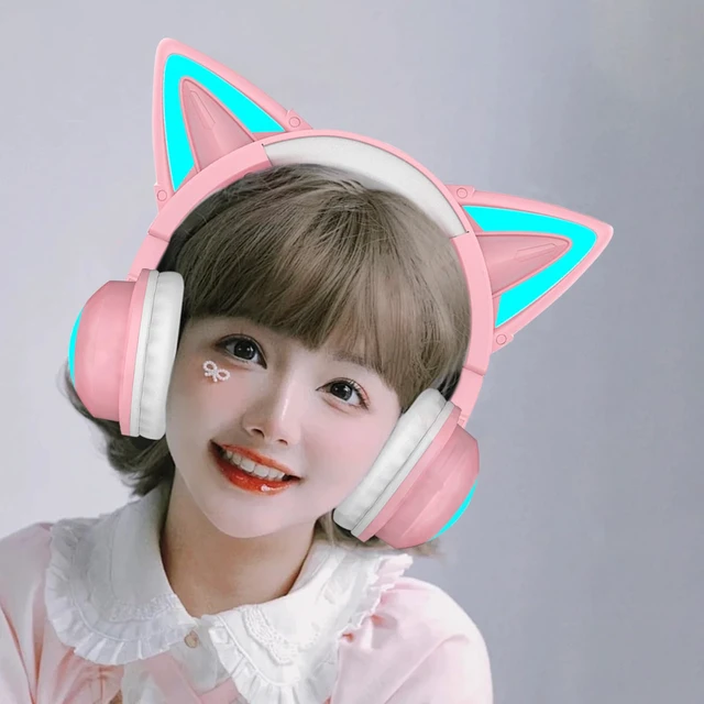 Alt view image 4 of 5 - Cute Cat Ear Bluetooth Headphones w/Built-in Mic,Over Ear Wired Headphones Pink Foldable Wireless Headset with LED Lights Cat Ear for Traveling, Gift for Boys Girls Teens Adult