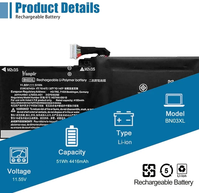 Alt view image 2 of 6 - BN03XL Laptop Battery Replacement for HP Envy x360 15 2020 13-ba0010nr 13-ba0004nu 15-ed0000 15T-ED000 13-ay0378ng 13-ay0065AU 13-ay0001nc 15m-ee0013dx Series HSTNN-DB9N 11.55V 51Wh 4416mAh